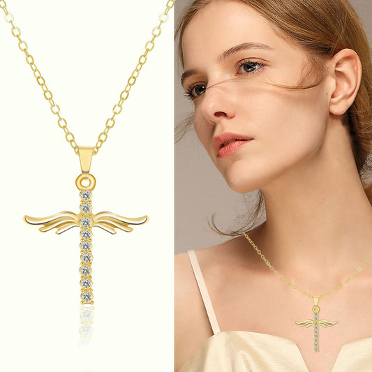 Angel Wings Cross Pendant Necklace For Woman Stainless Steel Chain Necklace Jewelry Gift